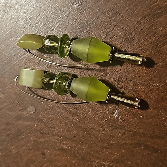 Handcraft Olive Green Lampwork Beaded Dangling Earrings, Pierce, 3". - Picture 3 of 3